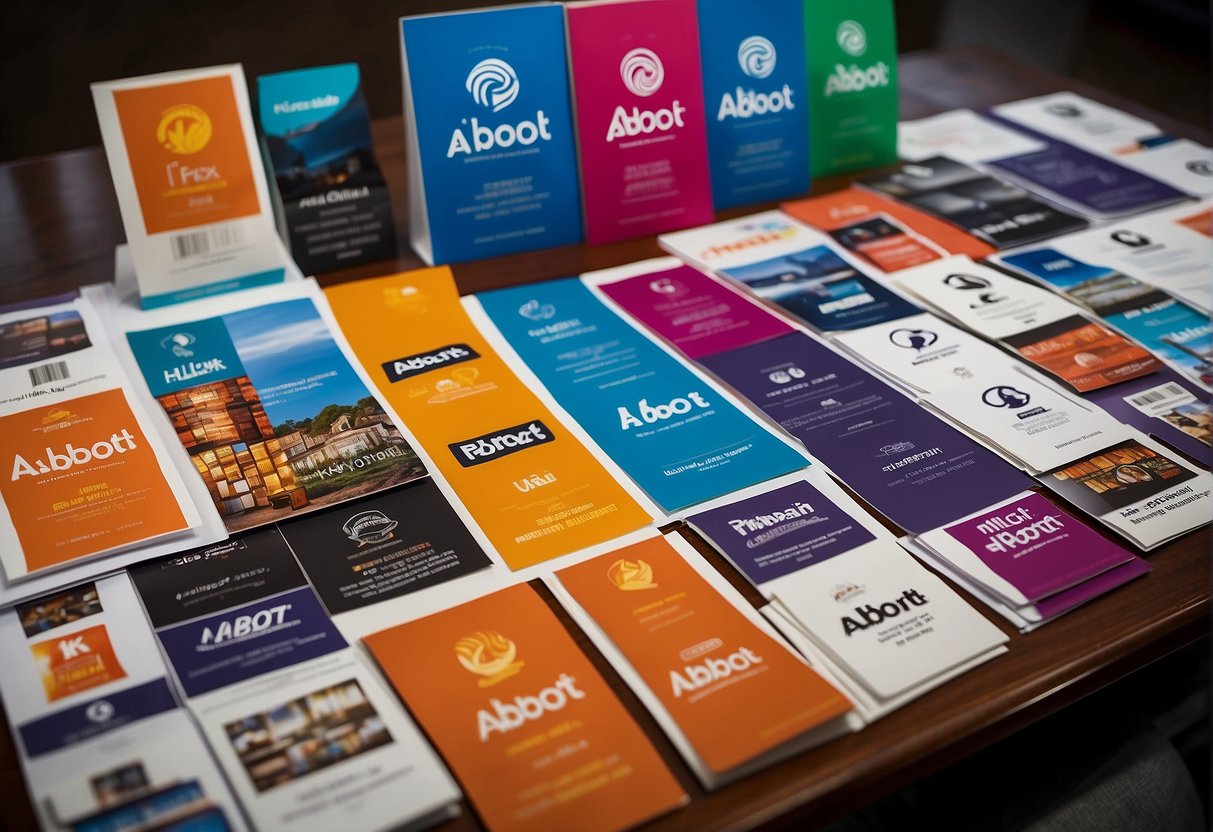 A vibrant display of various promotional materials, including banners, flyers, and product samples, arranged neatly on a table with the Abbott logo prominently featured