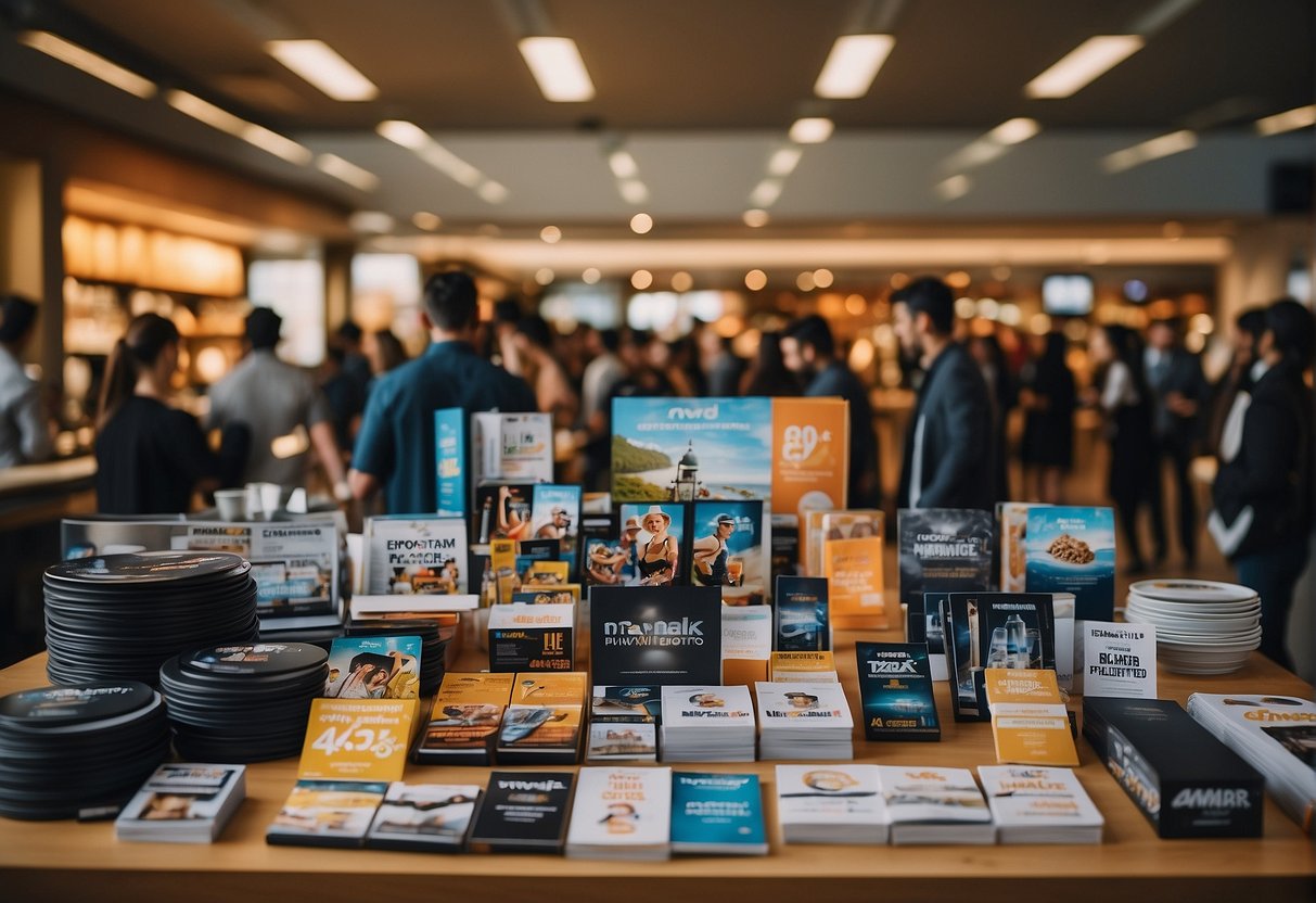 A table filled with various promotional materials and products, surrounded by excited customers and staff. Bright banners and signs promoting the promotions fill the space