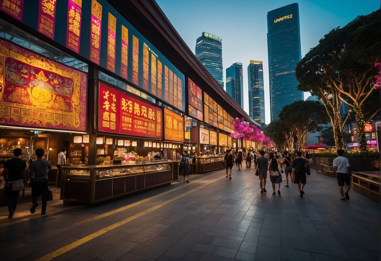A vibrant display of colorful banners and promotional materials for Paradise Dynasty in Singapore. Bright lights illuminate the scene, drawing attention to the enticing offers