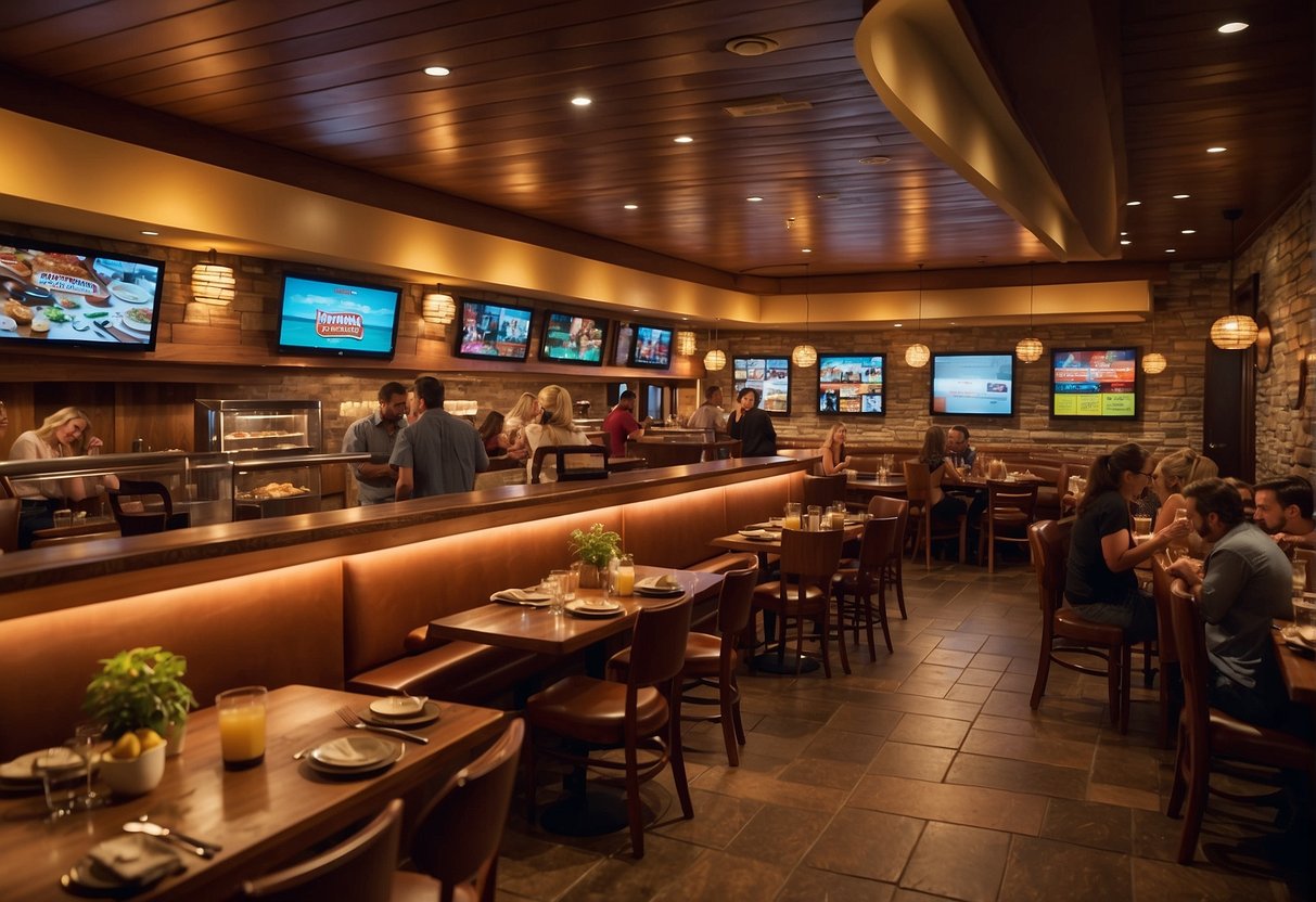 A crowded Outback Steakhouse with colorful promotional signs and happy diners enjoying their favorite dishes