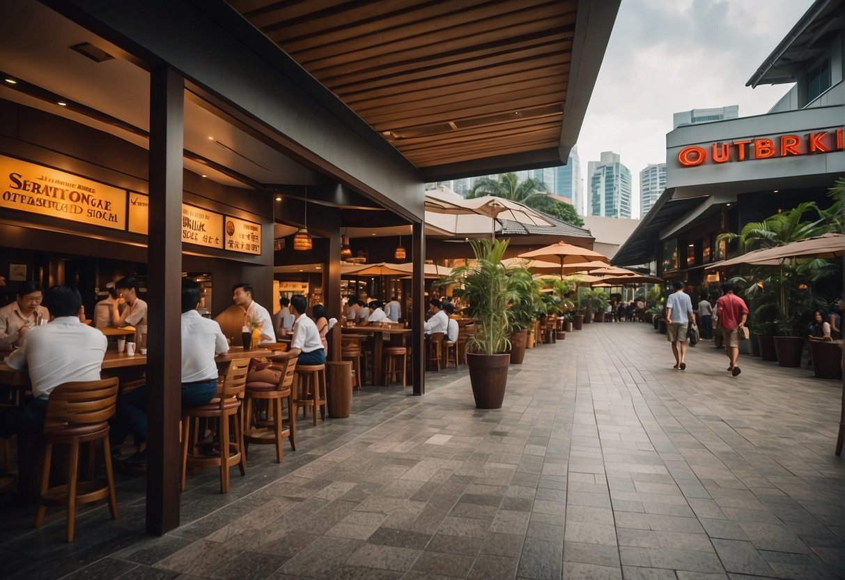 A bustling Outback Steakhouse in Singapore with promotional signs and a line of customers waiting to enter