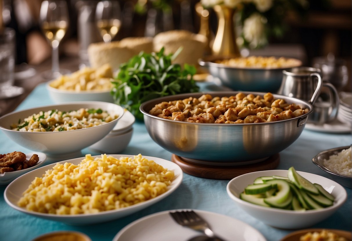 A table set with a lavish halal buffet spread, with two credit cards placed side by side, and a "1 for 1" sign displayed prominently