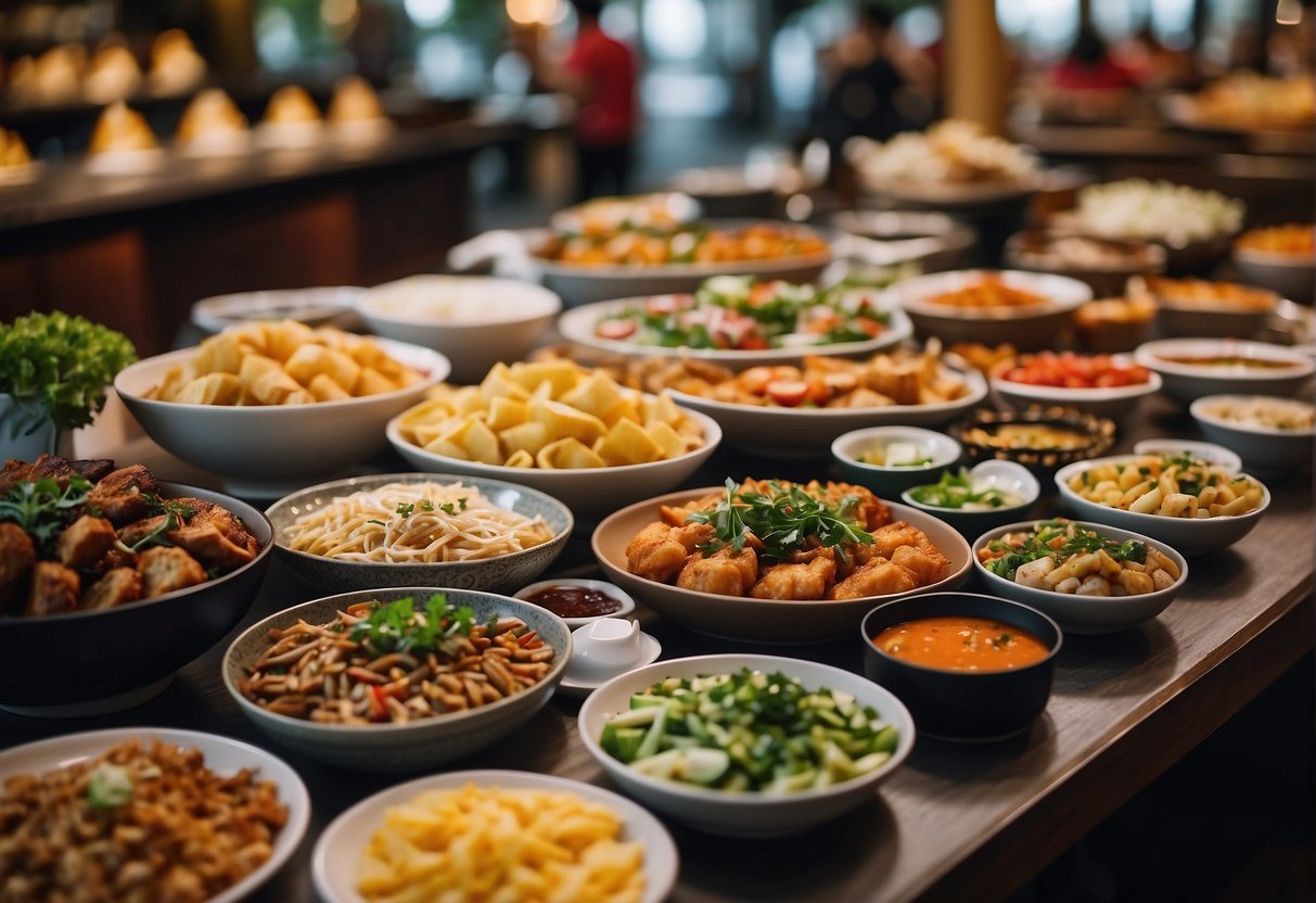 A table filled with various savory dishes, surrounded by promotional signs and discounts, creating a paradise for food lovers at Dynasty Promotions in Singapore