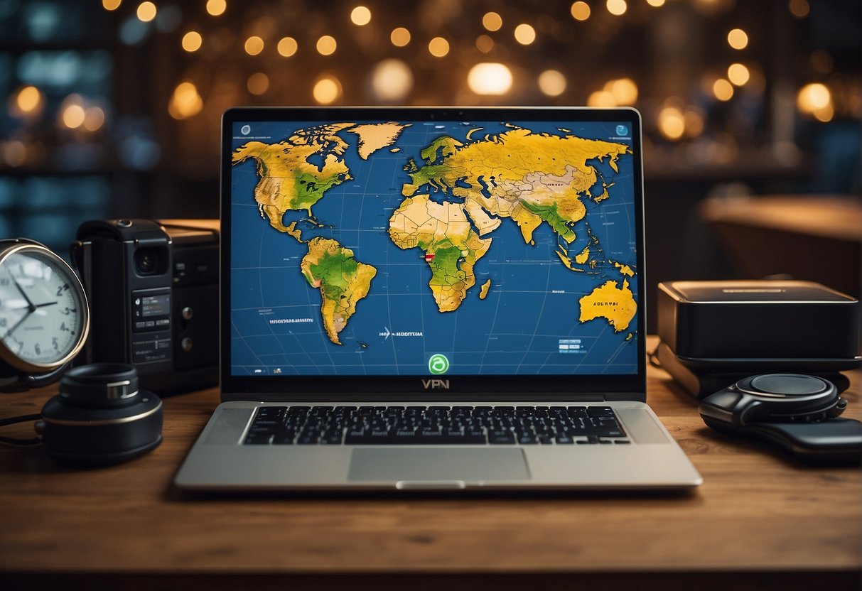 A laptop with a VPN logo on the screen, surrounded by various devices and a world map in the background