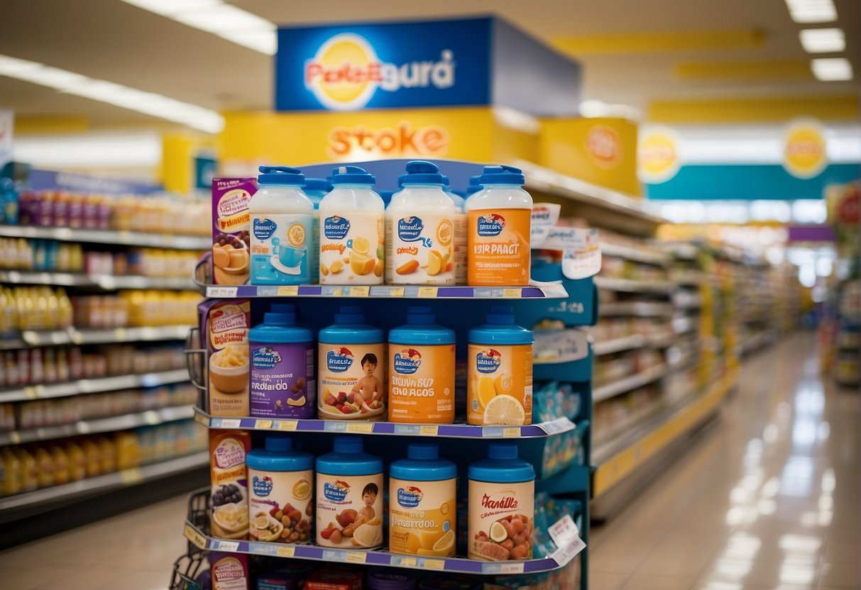 A display of Pediasure products with promotional signage in a busy Singaporean supermarket