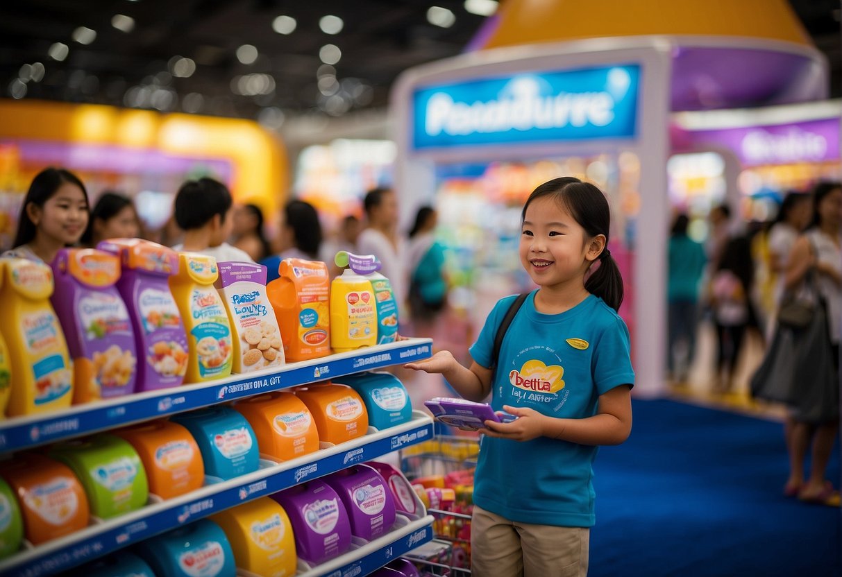 A colorful display of Pediasure products with promotional signage and banners, surrounded by happy children and families at a bustling event in Singapore