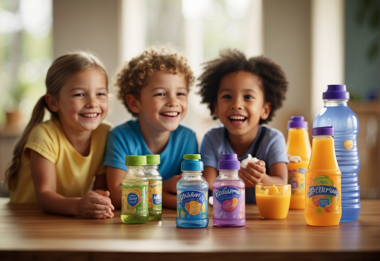A colorful display of PediaSure bottles and packaging with a prominent "Children's Health" label, surrounded by happy, active children playing and enjoying the drink