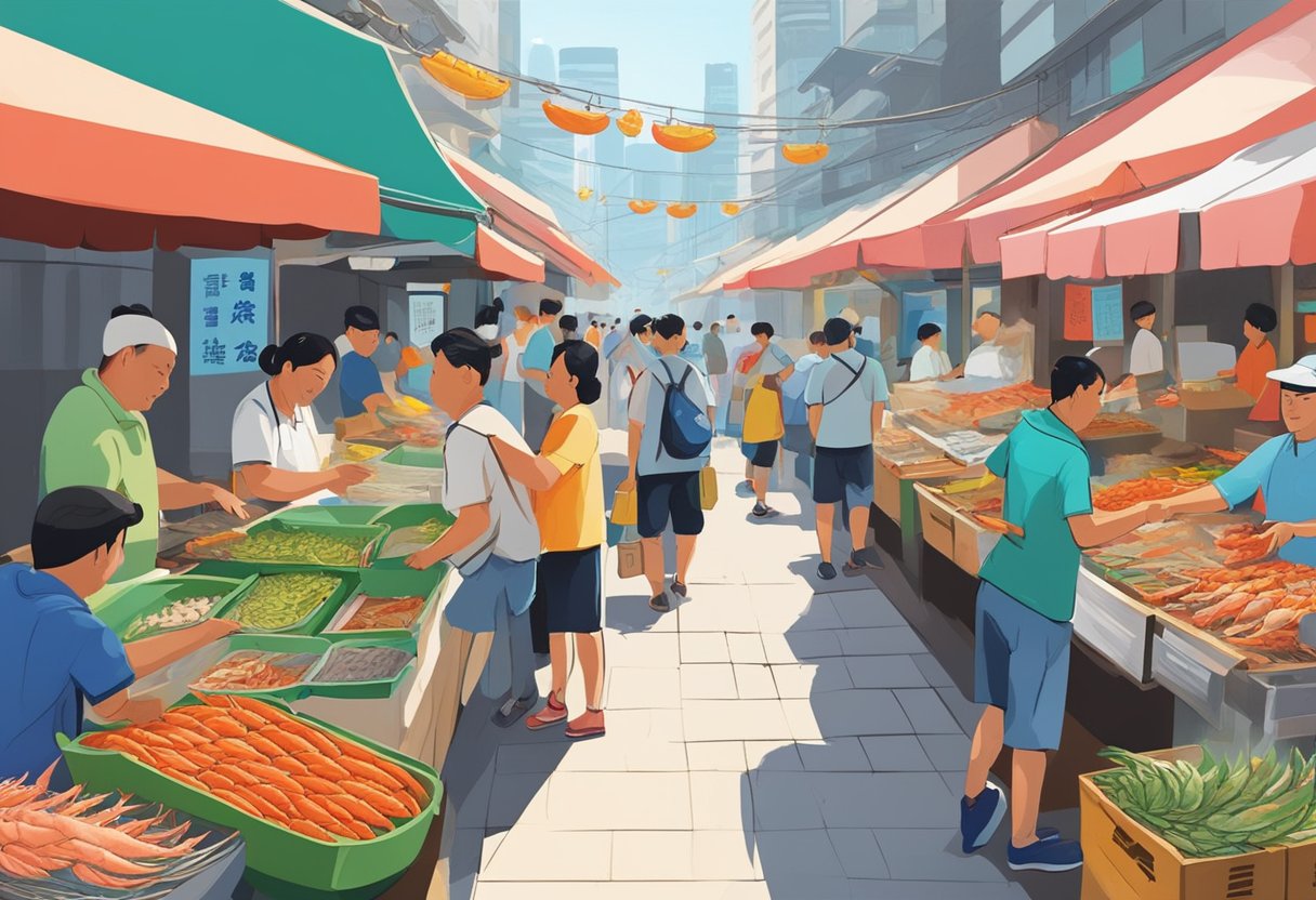 A bustling seafood market in Hong Kong, with colorful stalls selling fresh fish, crabs, and lobsters at affordable prices. Customers haggle with vendors as the aroma of grilled seafood fills the air
