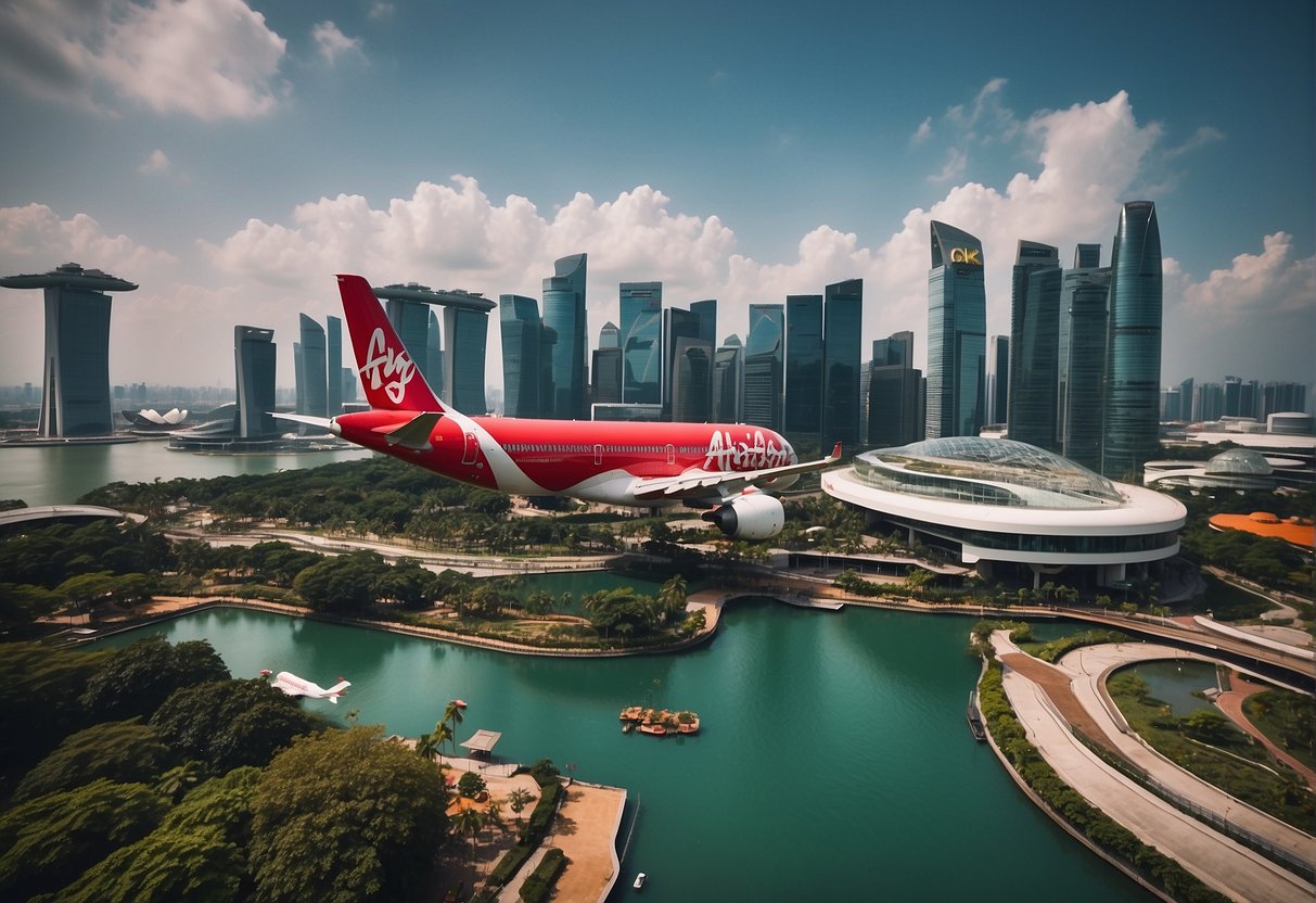 Air Asia promotions in Singapore: A vibrant cityscape with iconic landmarks like the Marina Bay Sands, bustling streets, and a plane flying overhead