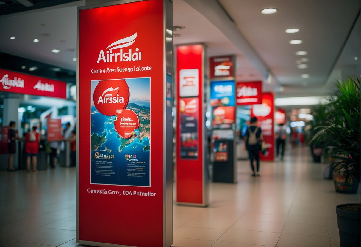 Brightly colored AirAsia promotional banners displayed at a bustling Singapore travel agency
