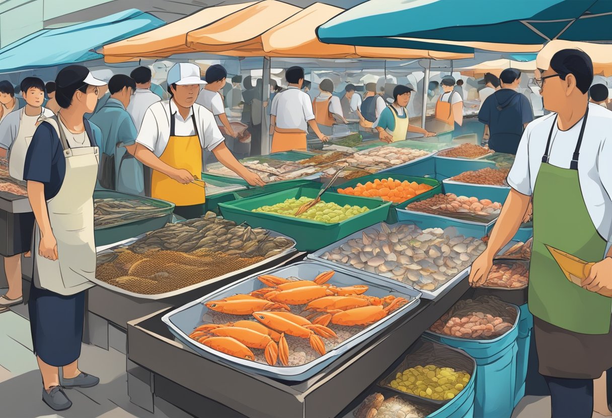 A bustling seafood market in Hong Kong, with colorful displays of fresh fish, crabs, and shellfish. Vendors call out to passersby, offering the day's catch at affordable prices