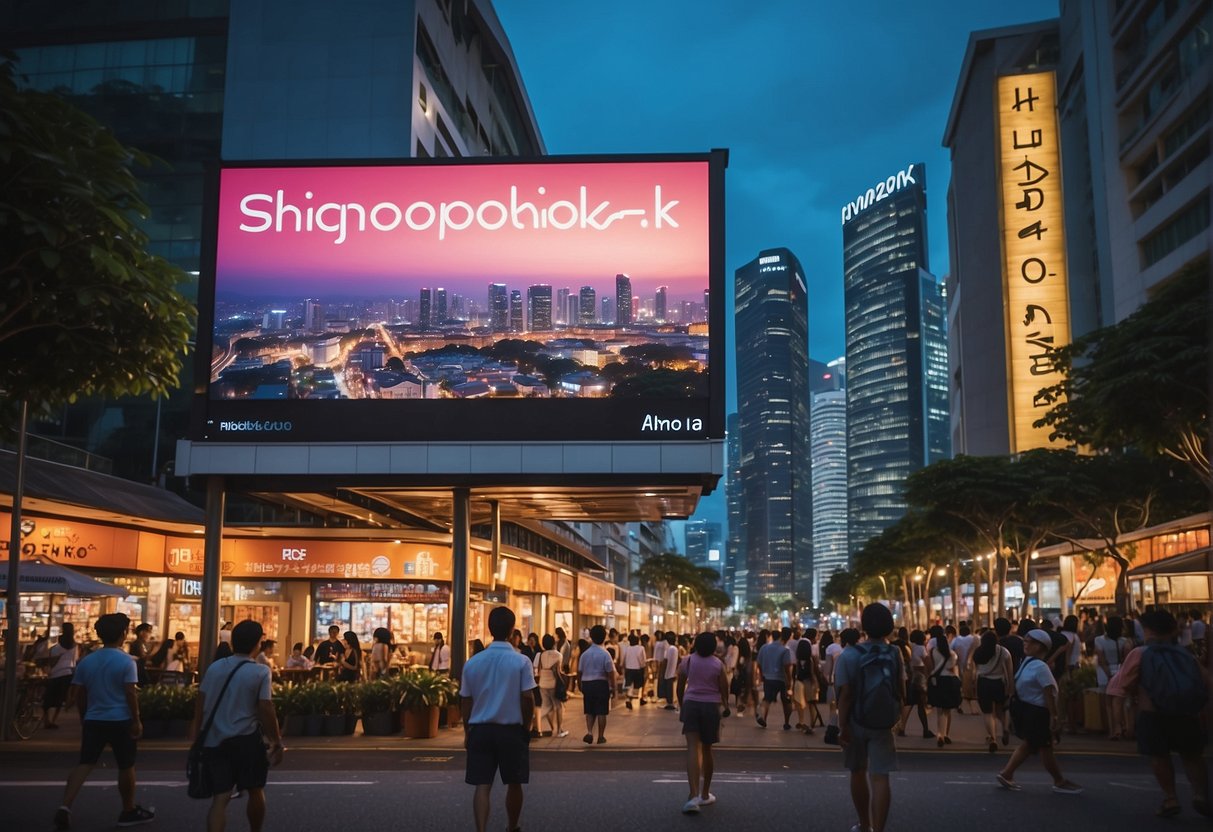 A bustling city street with a large billboard promoting photobooks in Singapore, surrounded by vibrant lights and busy pedestrians