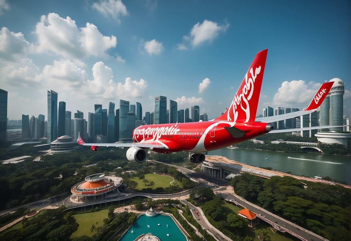 A colorful airplane flying over iconic Singapore landmarks, with AirAsia promotions displayed on billboards and screens