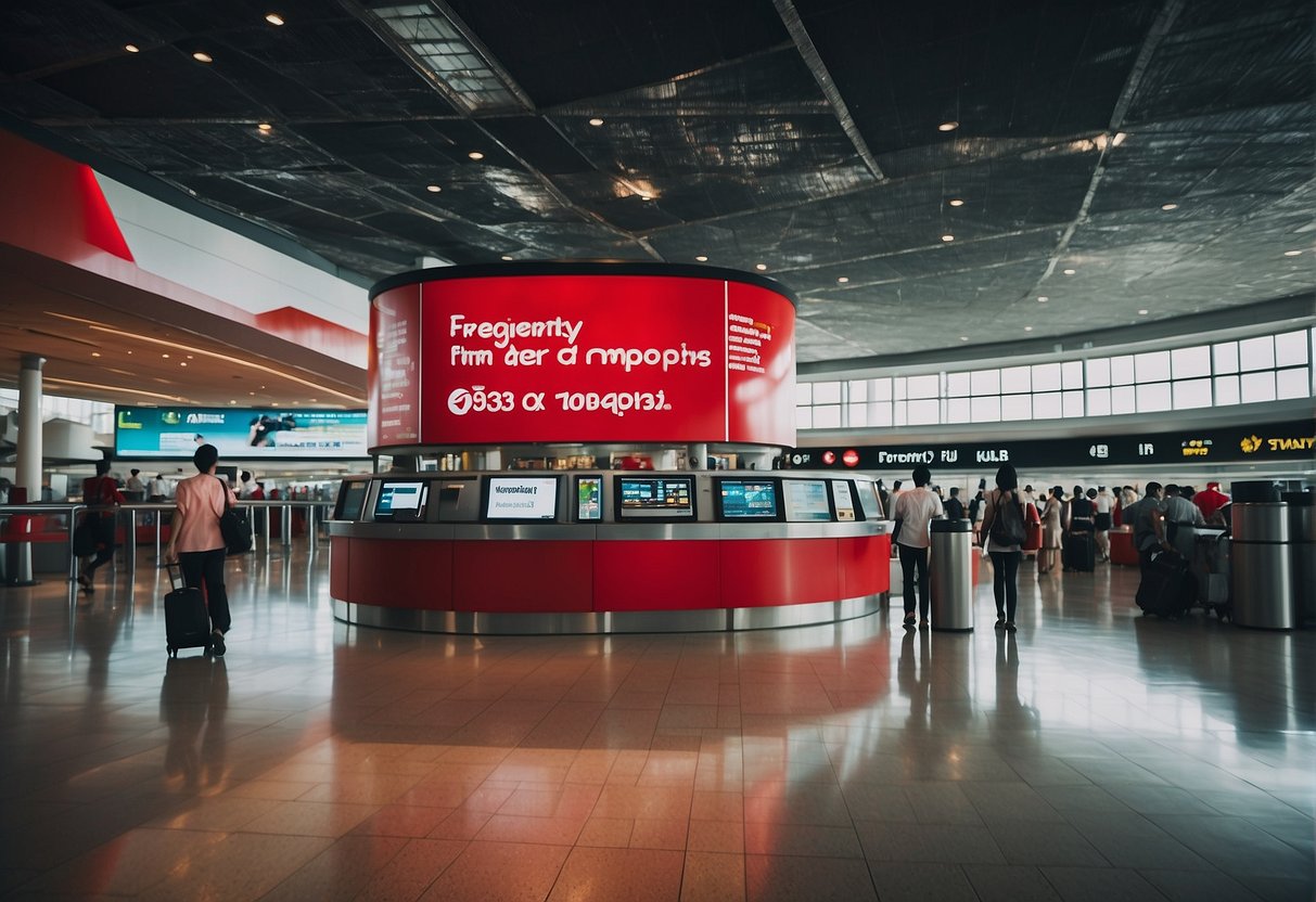 A busy airport terminal with a prominent "Frequently Asked Questions" sign next to a display of Air Asia promotions for Singapore