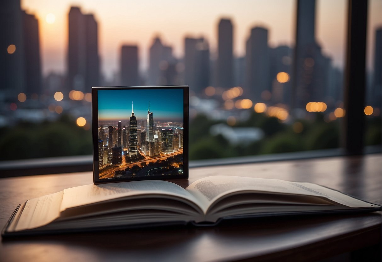 A luxurious photobook displayed on a sleek, modern table with a city skyline in the background