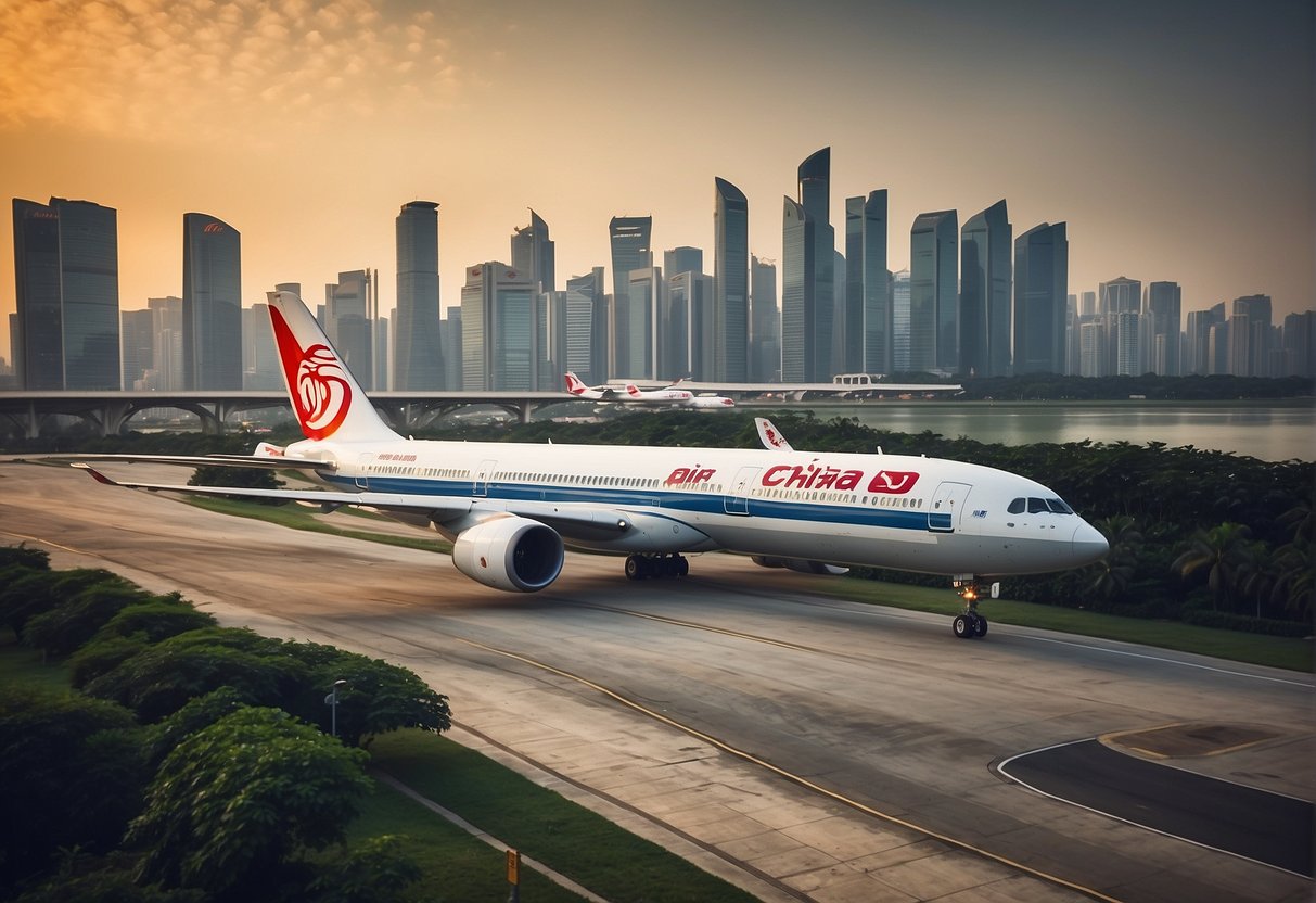 Air China promotions in Singapore: A vibrant city skyline with iconic landmarks, a plane taking off or landing at Changi Airport, and a promotional banner or billboard featuring Air China's latest offers