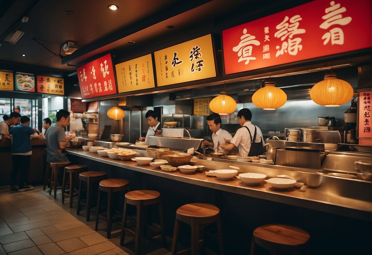A bustling Ajisen Ramen restaurant in Singapore, with colorful promotional signs and a busy crowd enjoying delicious noodles and savory broth
