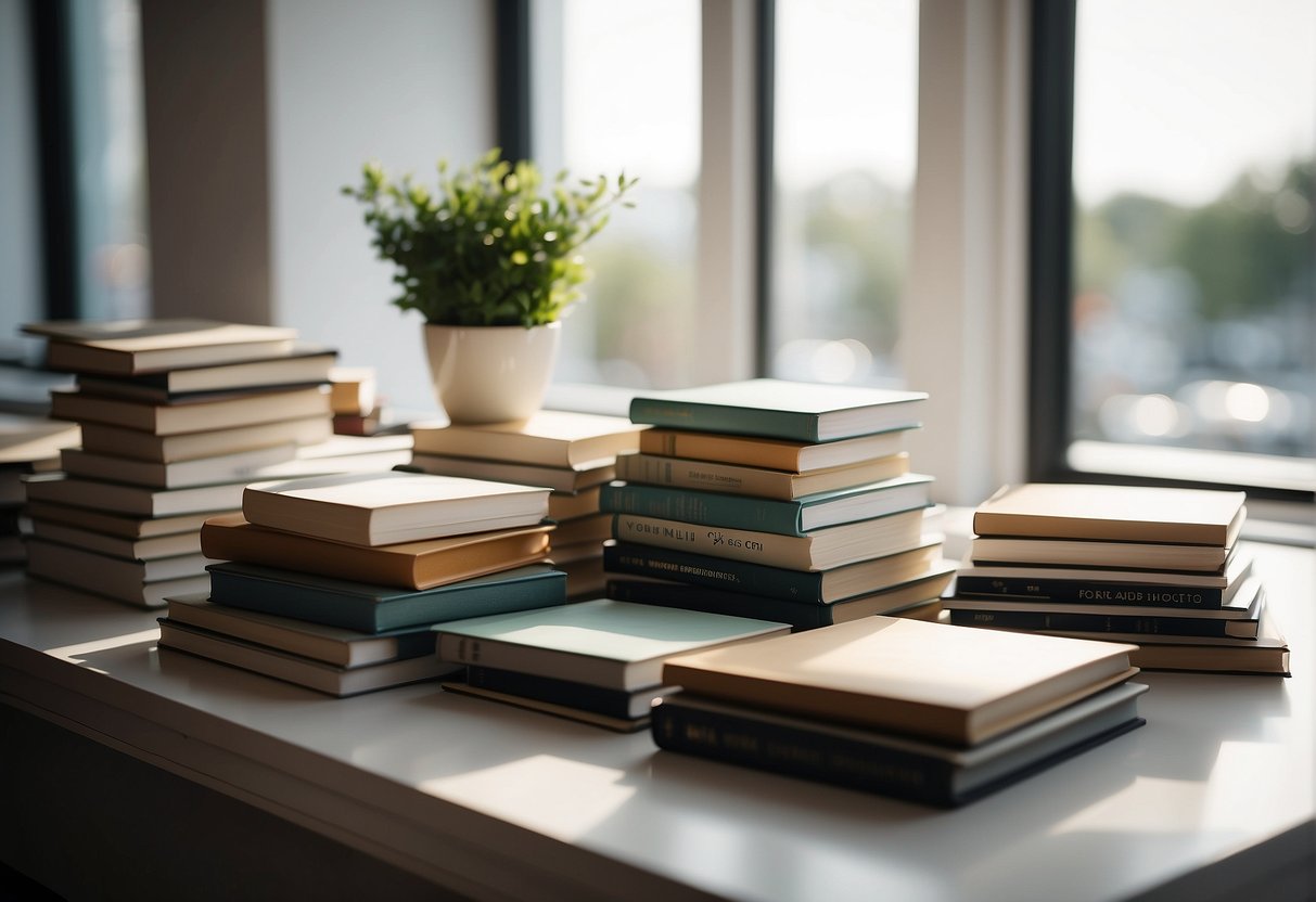 A colorful array of photobooks displayed on a clean, white table with soft, natural lighting streaming in from a nearby window
