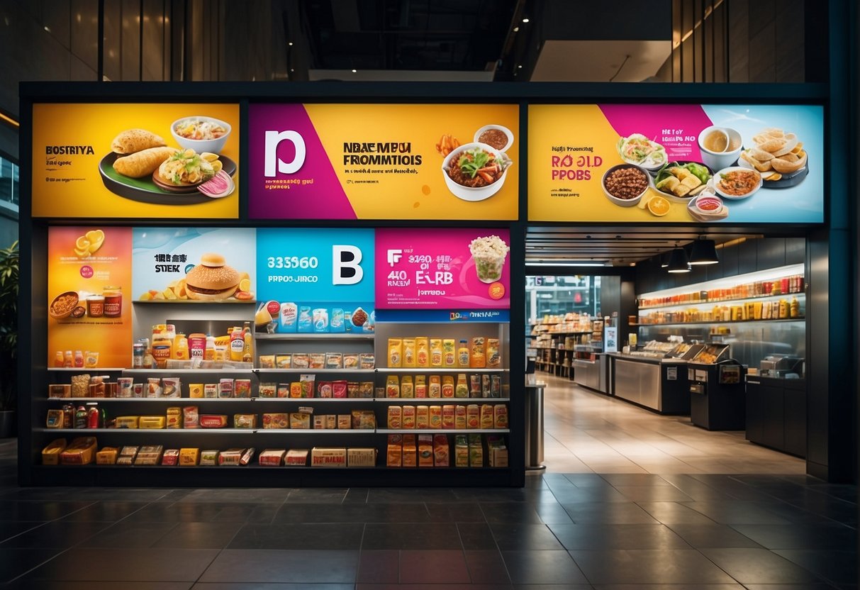A vibrant display of POSB promotions in Singapore, featuring colorful banners and eye-catching signage
