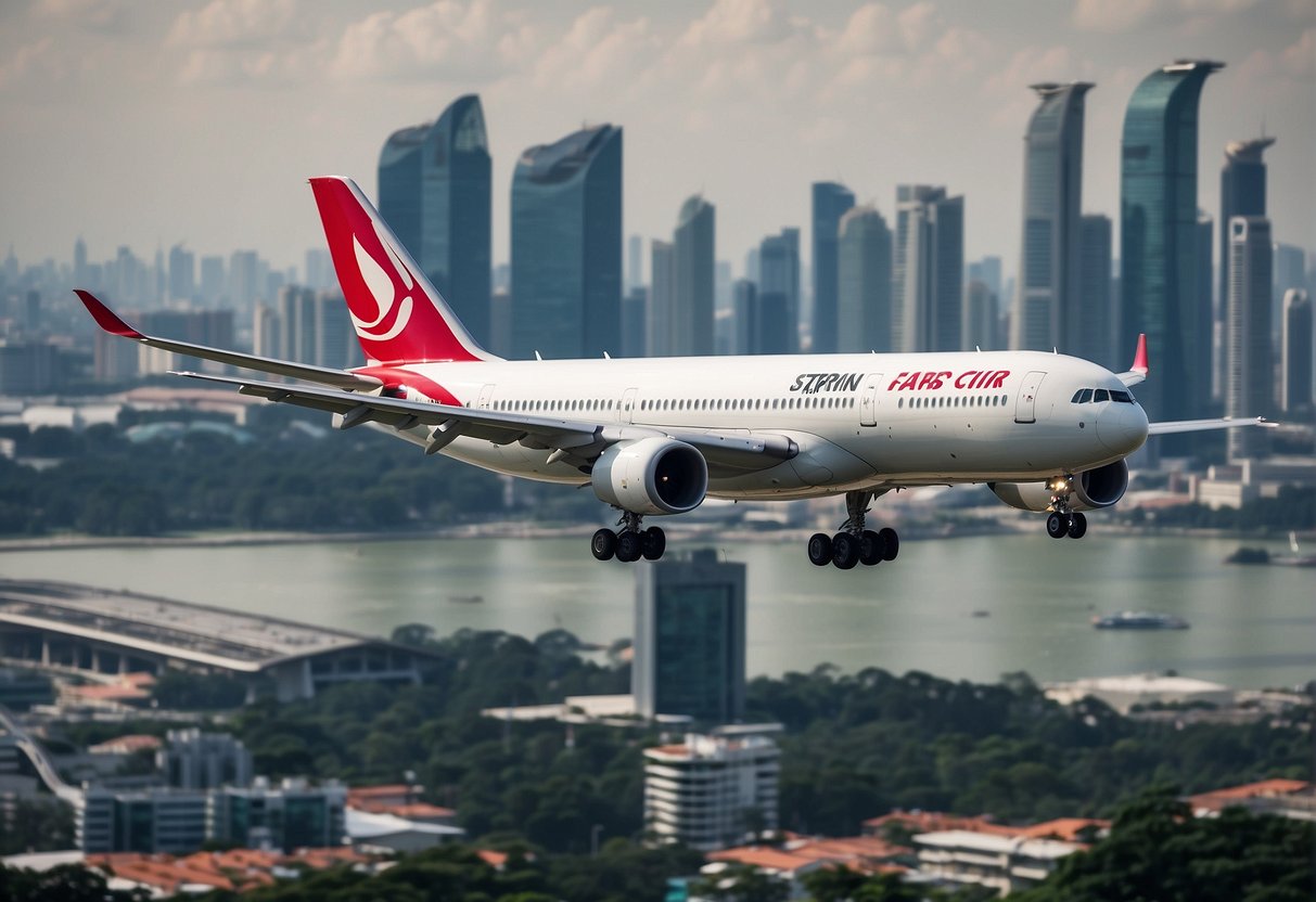 A vibrant airplane flying over Singapore skyline with "Latest Spring Deals" and "Air China Promotions" displayed prominently