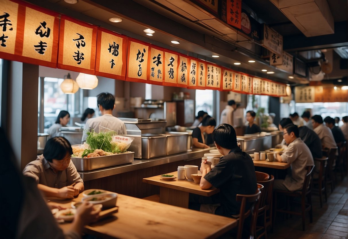 A bustling Ajisen Ramen restaurant with colorful promotional banners and a busy staff serving customers