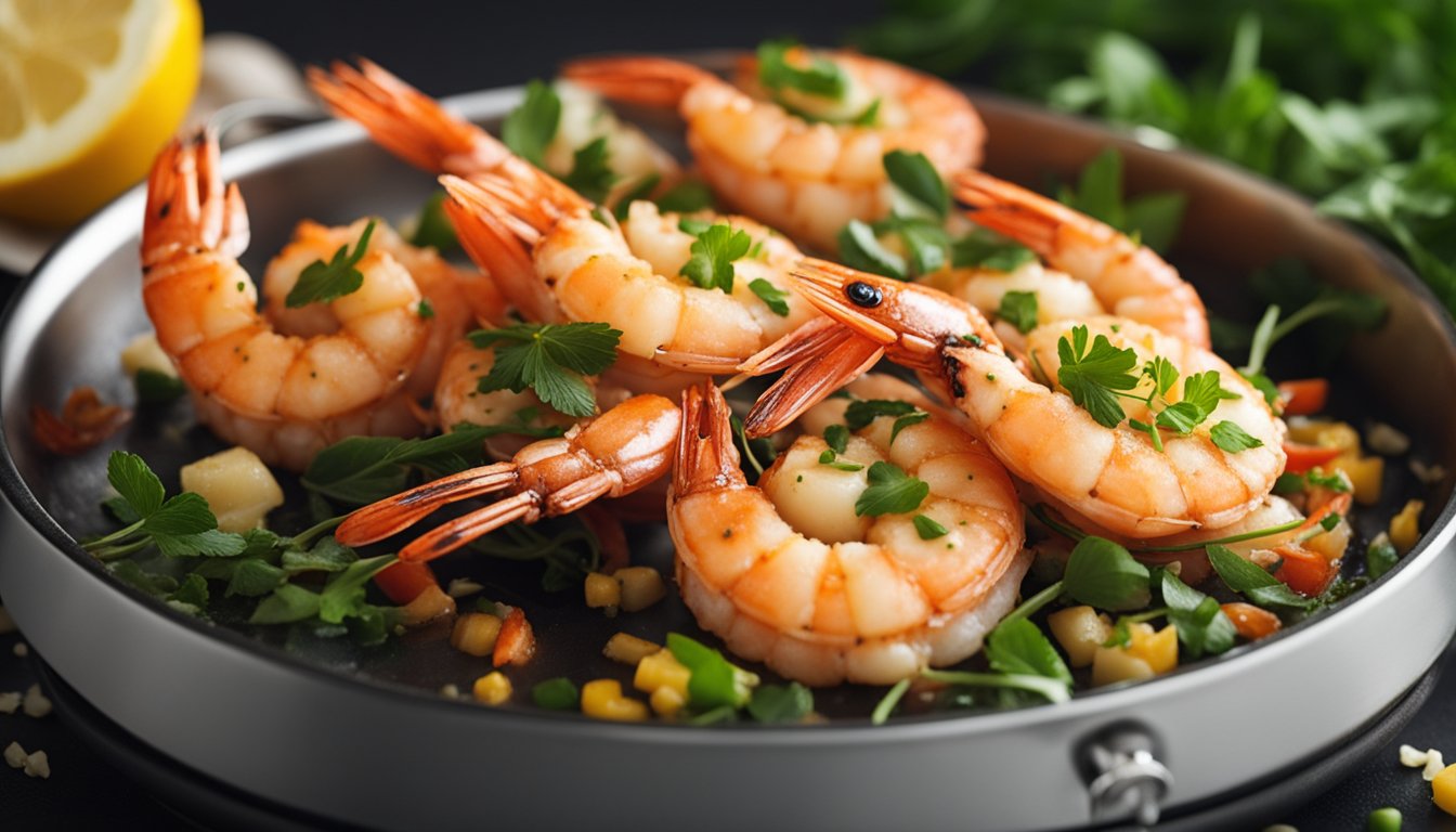 A sizzling pan with butter-coated prawns, infused with aromatic garlic, and garnished with fresh herbs