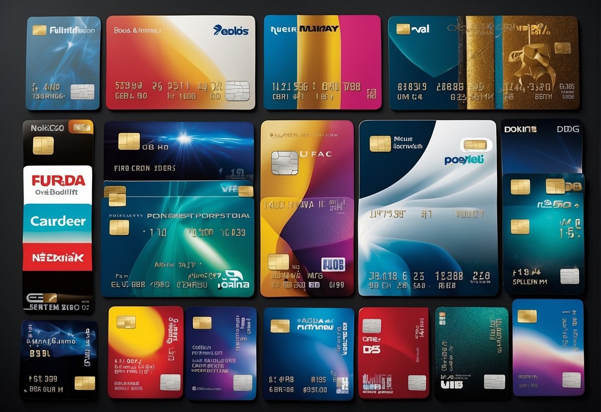 A colorful display of DBS/POSB credit and debit cards with various promotional offers, surrounded by eye-catching graphics and text