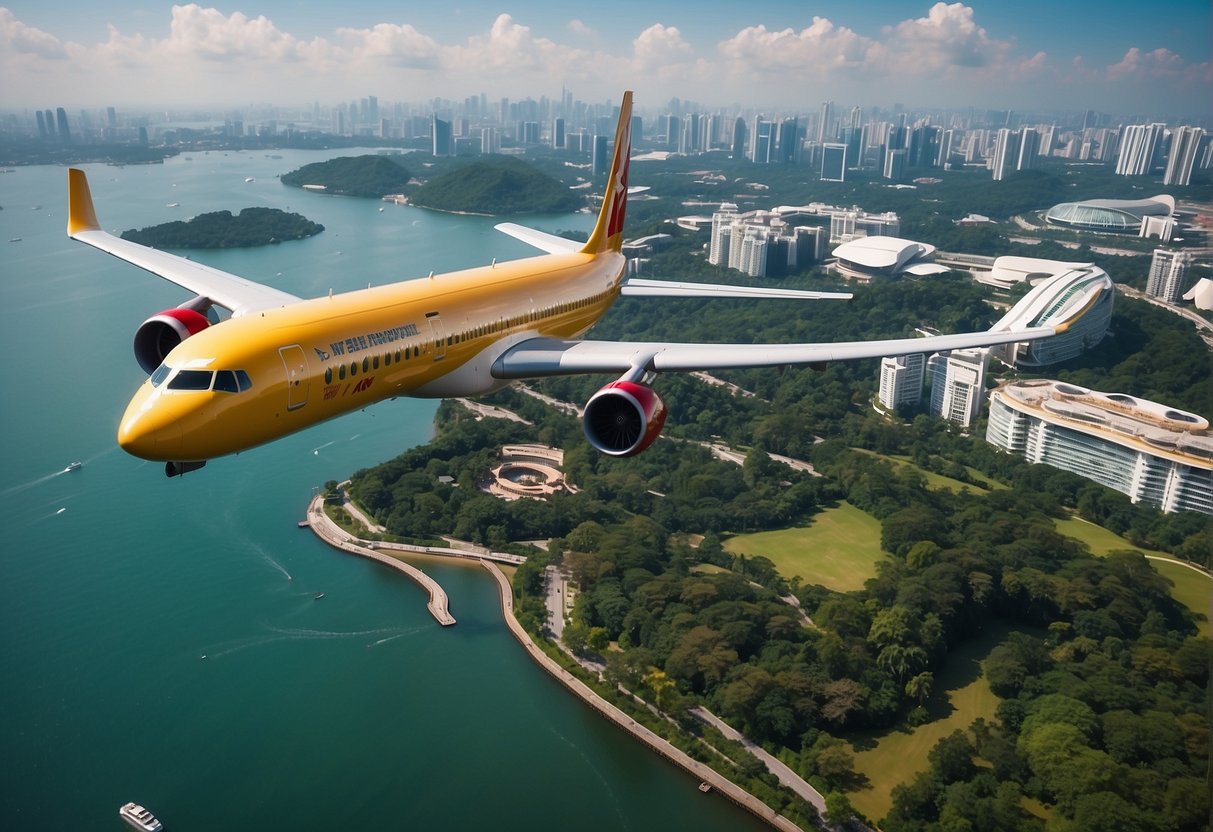 A vibrant airplane flying over iconic Singapore landmarks, with a backdrop of sunny skies and lush greenery
