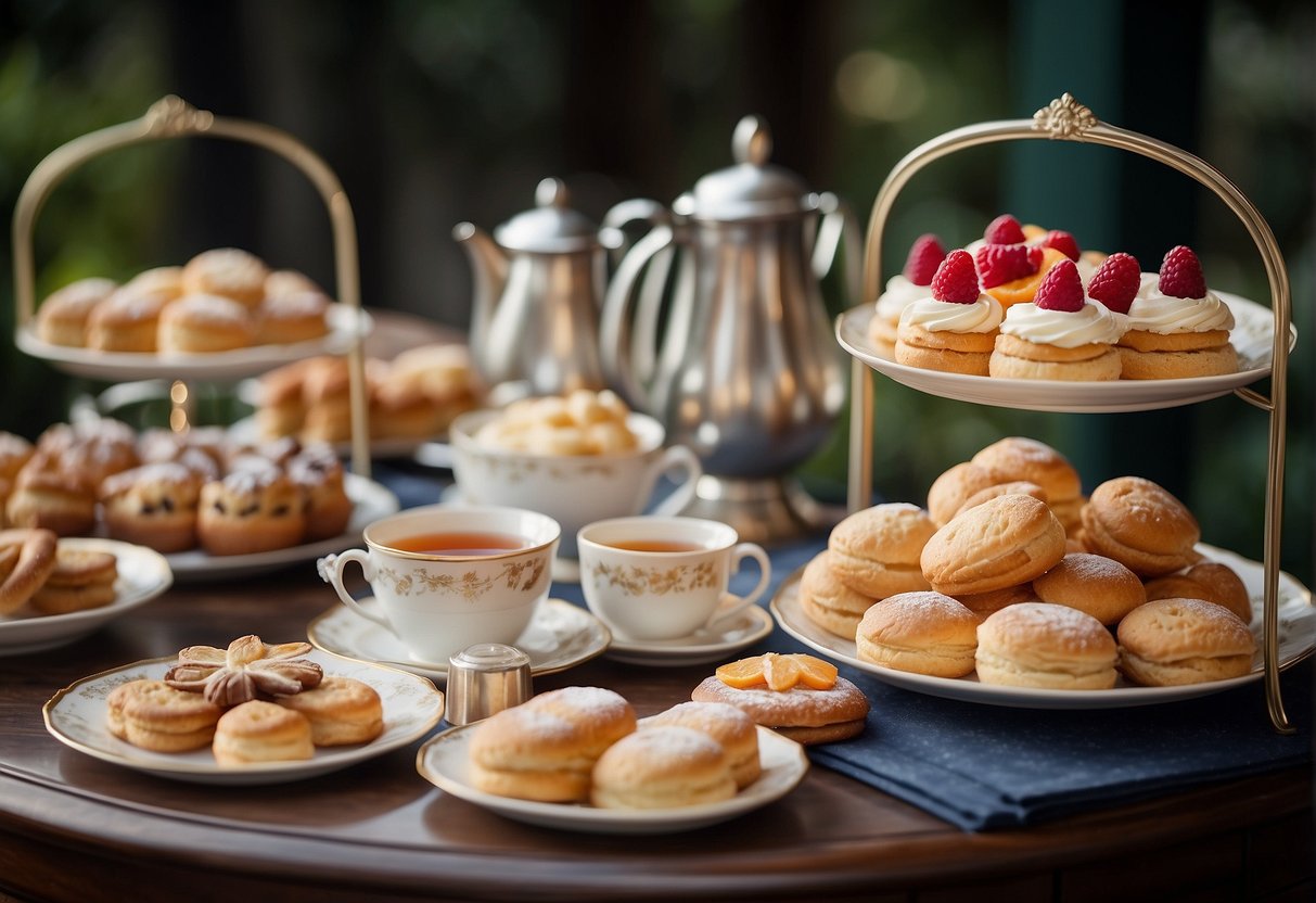 A table set with an elegant high tea spread, including tiered trays of pastries, sandwiches, and scones, accompanied by pots of steaming tea