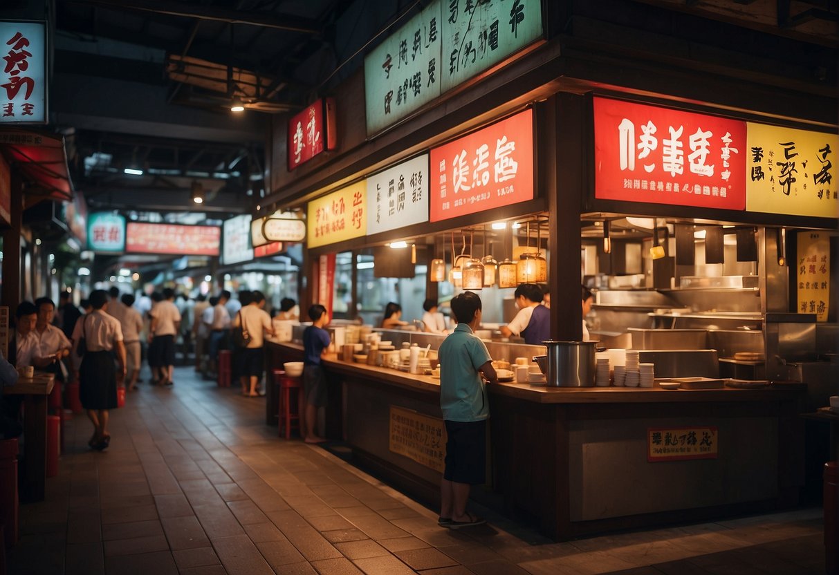 A bustling Ajisen Ramen restaurant with colorful promotional banners, open from morning to evening in Singapore
