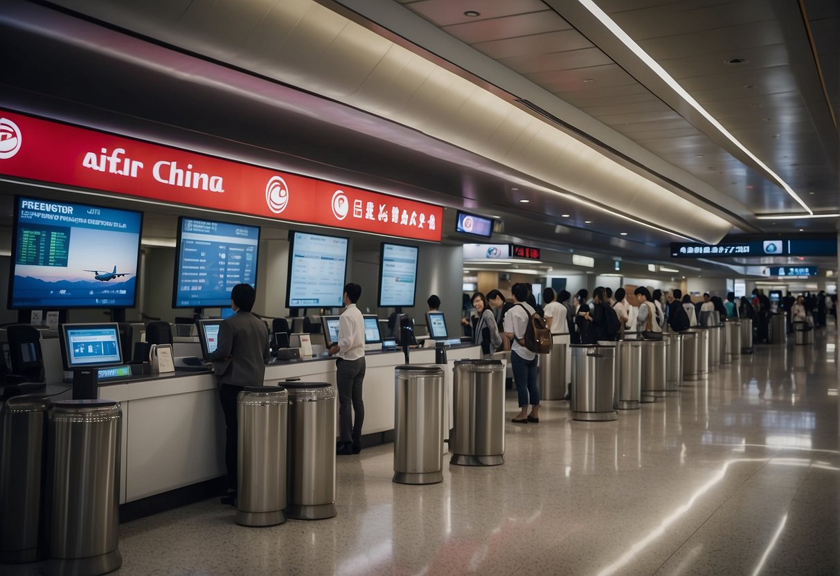 A bustling airport terminal with Air China promotions displayed on digital screens and banners. Travelers inquire at a customer service desk