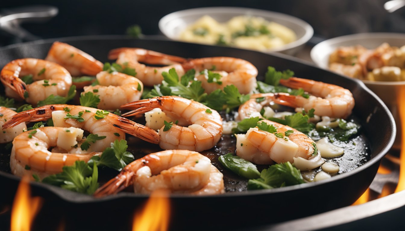 A hot skillet sizzles with butter and garlic as prawns are added. Steam rises as the prawns cook, and they are then plated and garnished before being served