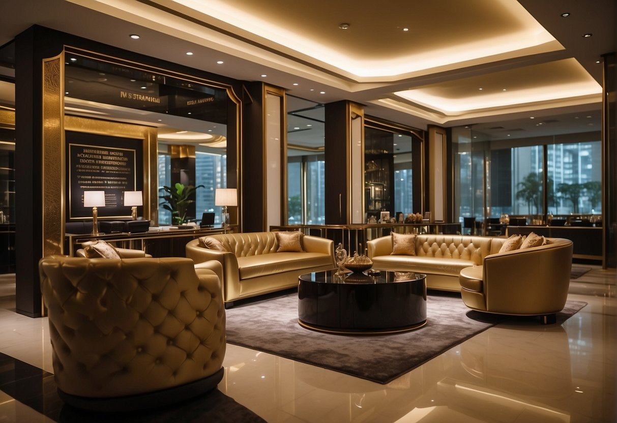 A luxurious bank setting with gold accents, elegant furniture, and a display of exclusive offers and promotions for DBS Treasures customers in Singapore