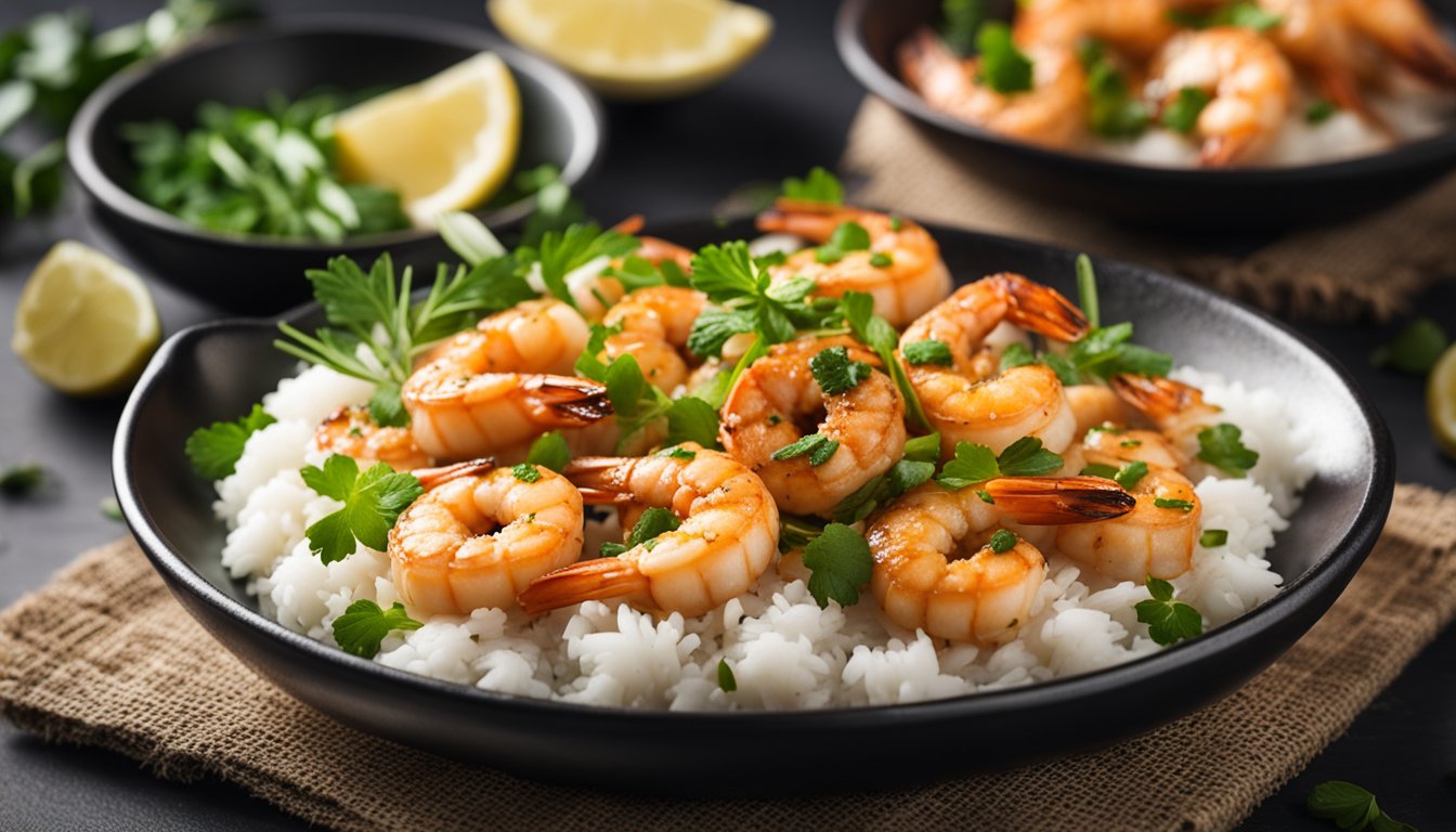 A sizzling pan of butter prawns, garnished with fresh herbs and served with a side of steamed rice