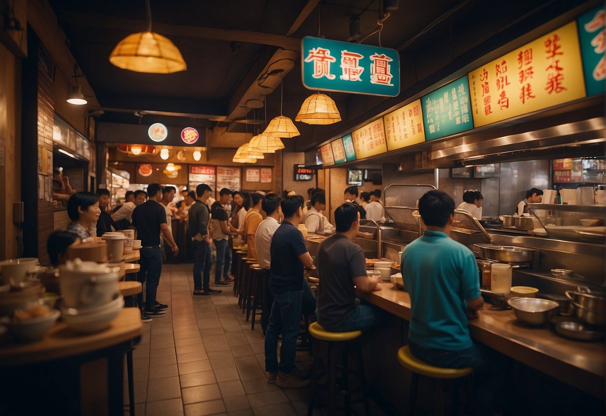 A bustling ramen restaurant with colorful promotional signs and a queue of customers waiting to order