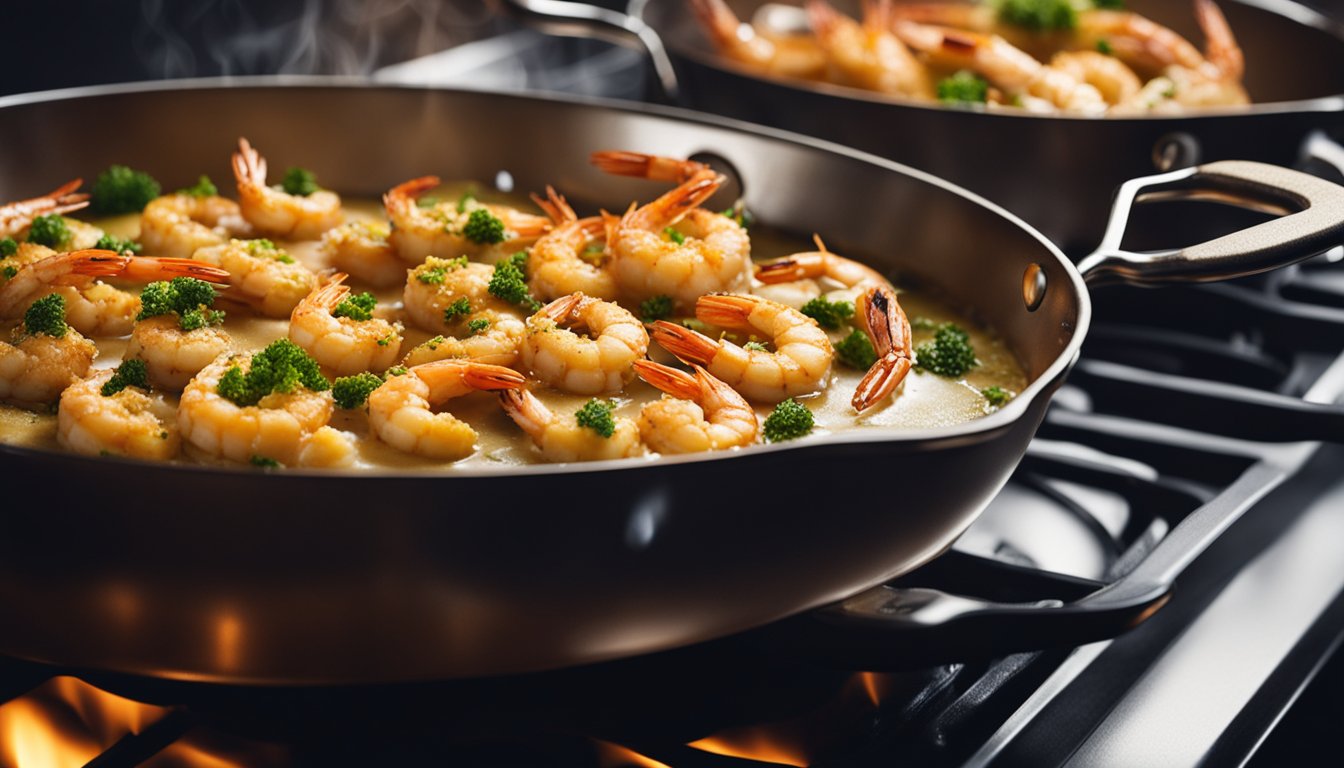 A sizzling pan with golden prawns coated in rich butter sauce