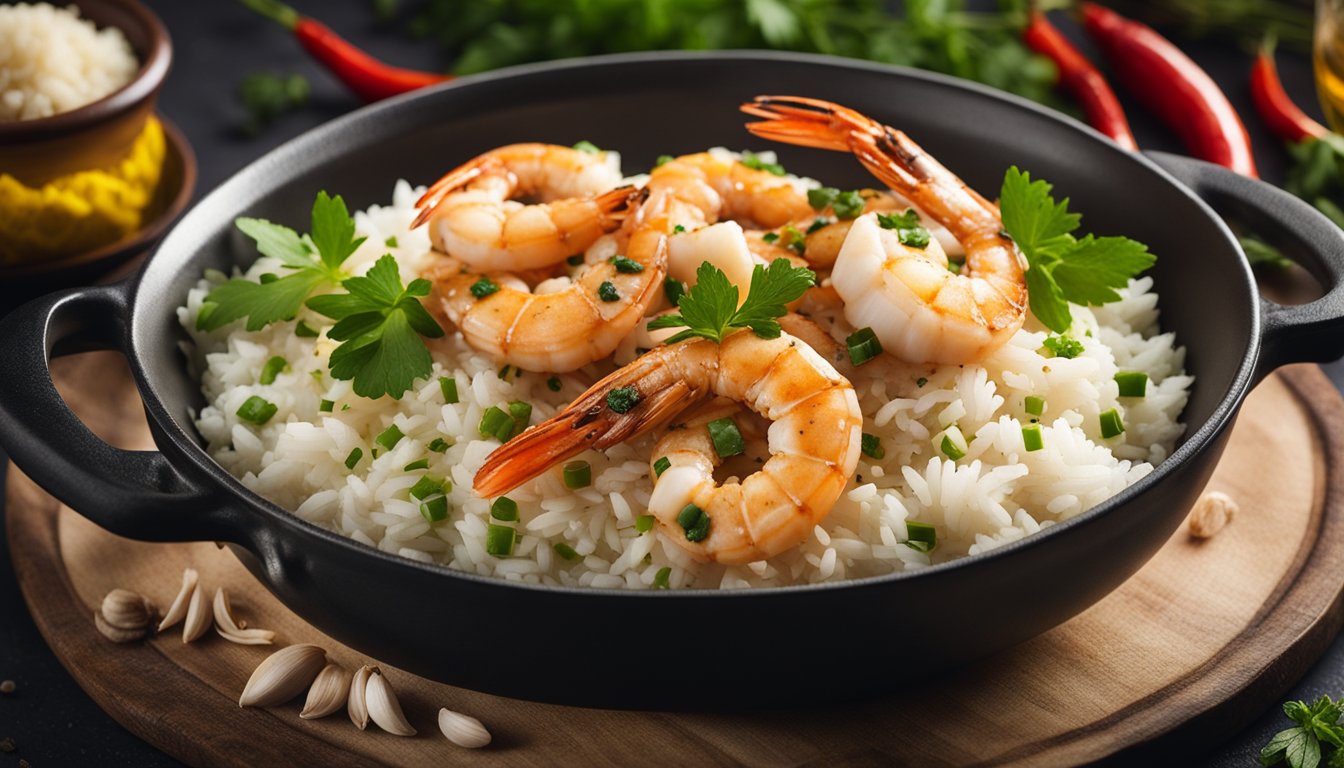 A sizzling pan of butter garlic prawns, surrounded by vibrant herbs and spices, with a steaming bowl of rice in the background