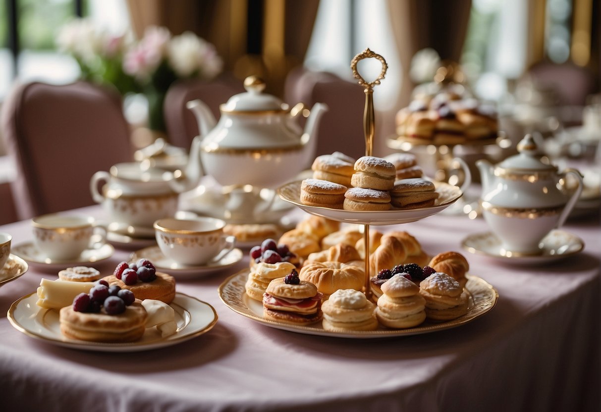 A lavish high tea spread with delicate pastries, dainty sandwiches, and exquisite tea sets displayed on a grand table in a luxurious setting