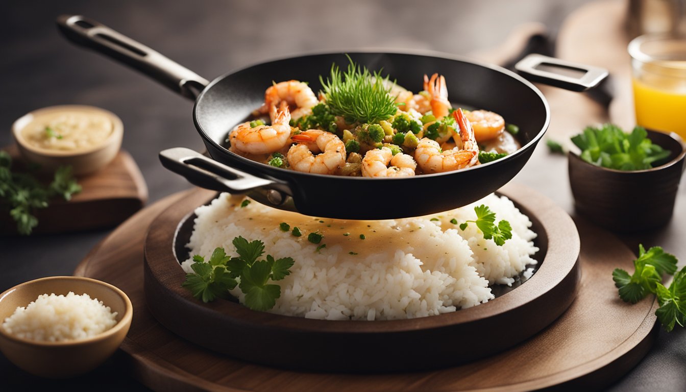 A sizzling pan with succulent prawns coated in rich butter sauce, garnished with fresh herbs and served on a bed of steamed rice