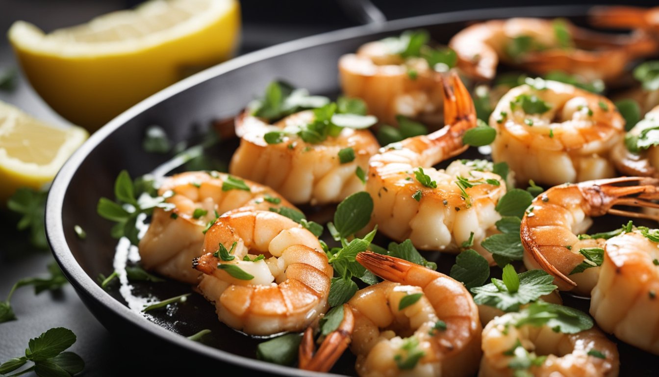 A sizzling pan of butter prawns, garnished with fresh herbs, sizzling on a stovetop. A fragrant aroma wafts through the air