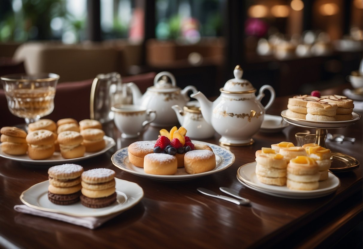 A table set with high tea items, surrounded by promotional signs and reservation tips in a Singaporean setting