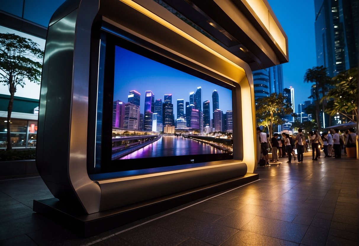 A vibrant cityscape with a prominent PS3 promotional display in the bustling streets of Singapore