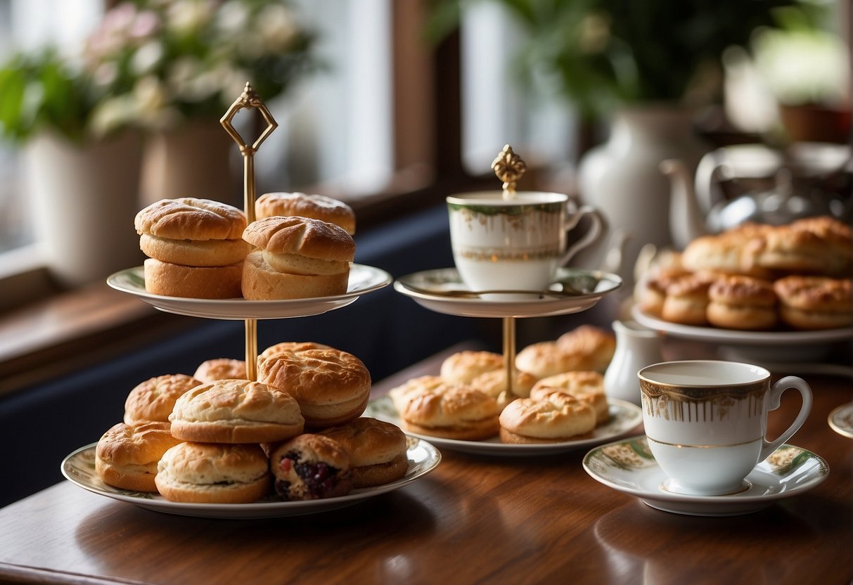 A table set with a tiered tray of pastries, sandwiches, and scones, accompanied by teapots and cups, in a cozy tea room setting
