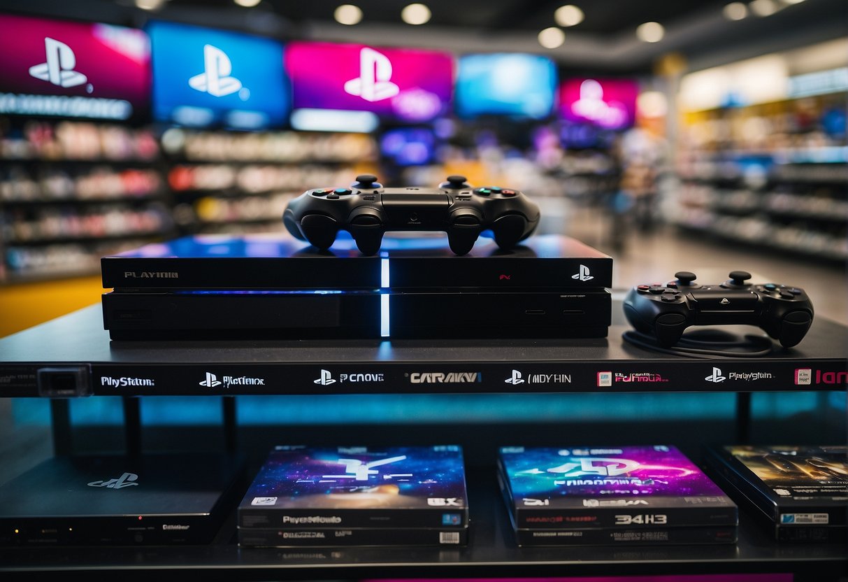 A vibrant display of PlayStation consoles and games with promotional banners in a Singaporean electronics store