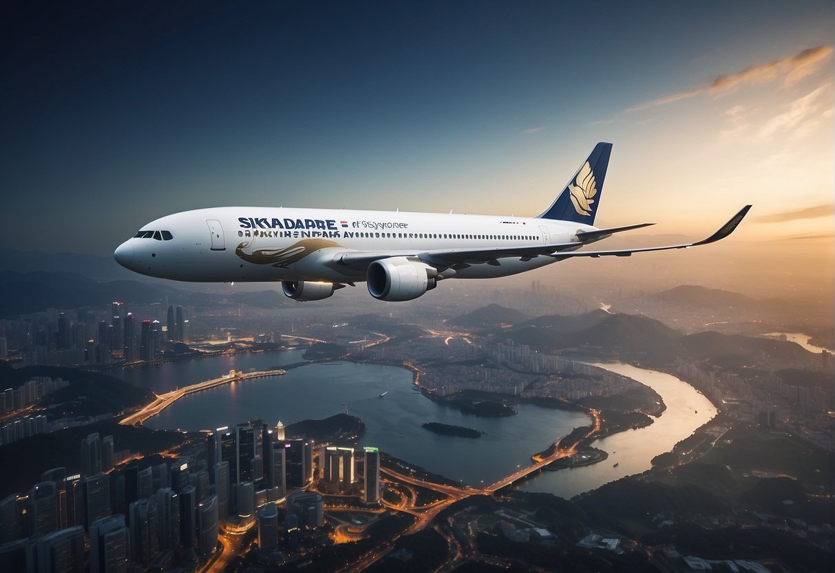 A plane flying from Singapore to Osaka with promotional banners