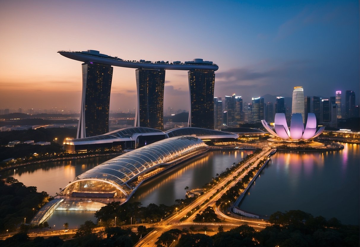 Bright cityscape with iconic Singapore landmarks like Marina Bay Sands and the Singapore Flyer, bustling with activity and vibrant lights