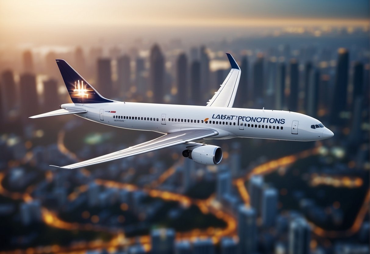A plane flying over a city skyline with the words "Latest Flight Promotions" and "Singapore to Osaka" displayed prominently