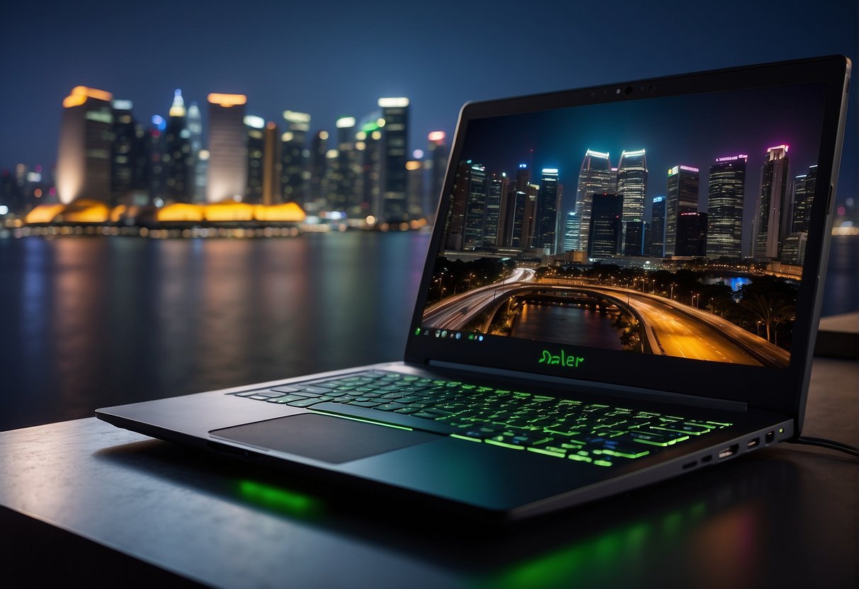 A sleek Razer Blade laptop sits on a vibrant Singapore cityscape backdrop, with promotional banners and lights illuminating the scene