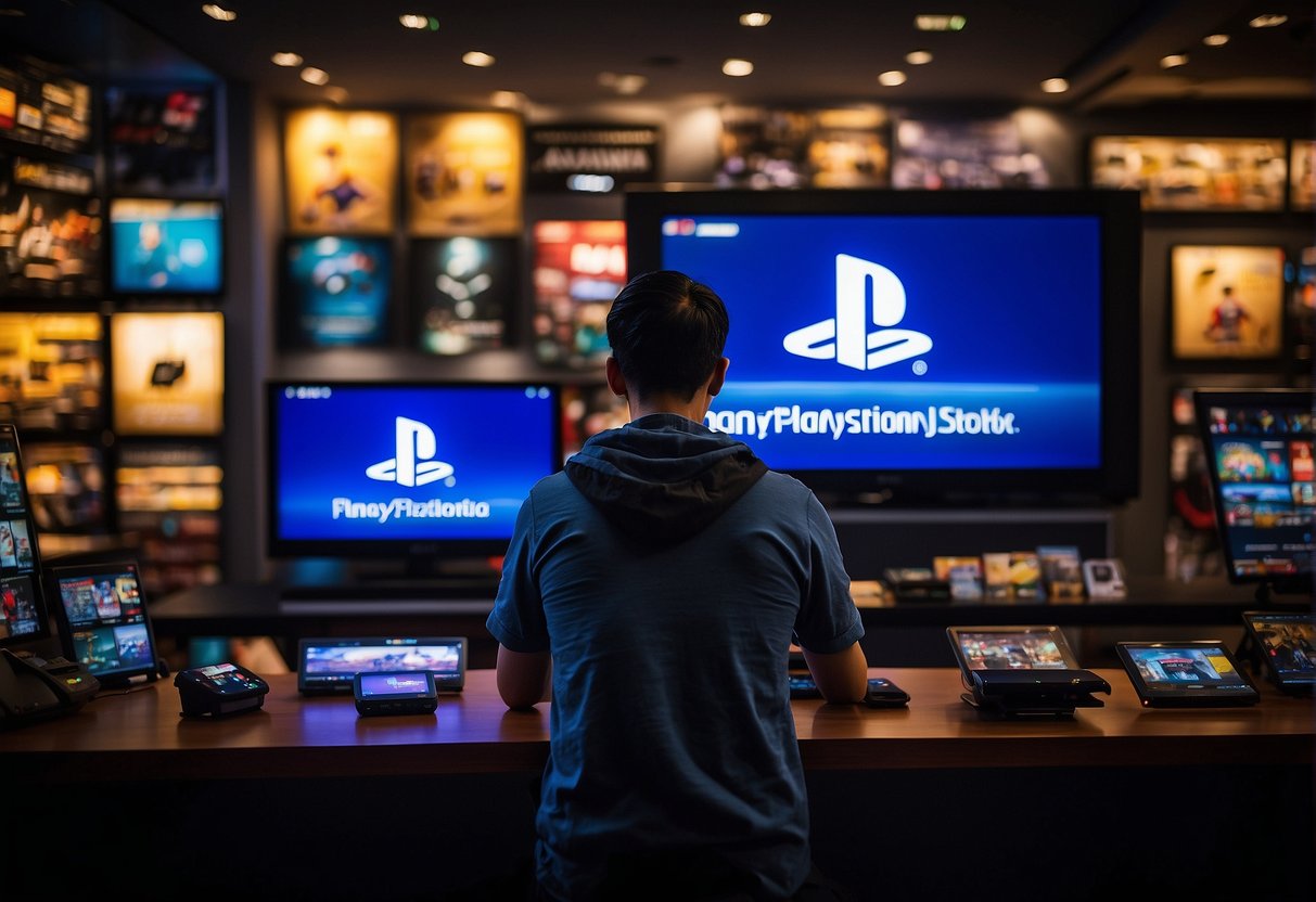 A person browsing a smartphone with the PlayStation logo on the screen, surrounded by various promotional offers and deals for PS3 games and accessories in Singapore