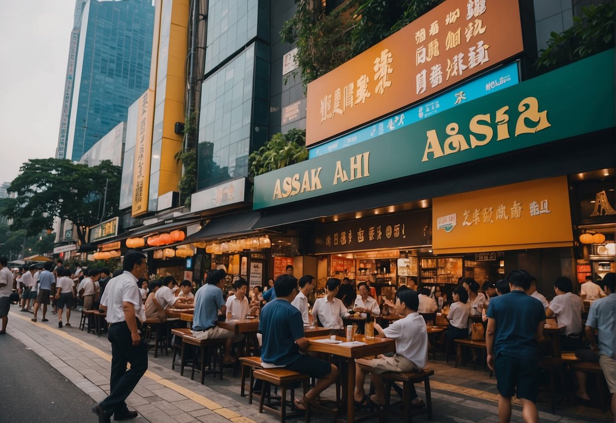 A bustling street in Singapore with vibrant Asahi beer promotions displayed outside bars and restaurants
